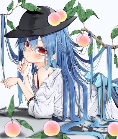 这是一幅《东方Project》角色比那名居天子的原创同人插画，画面里的天子有着标志性的蓝色长发，戴着缀有桃子的黑色宽檐帽，红瞳带有独特的纹路，脸颊泛起淡淡的红晕，单手抵着下巴，另一只手伸出手指，身旁环绕着挂着粉嫩桃子的树枝，画风软萌精致，将角色娇俏傲娇的气质展现得淋漓尽致。