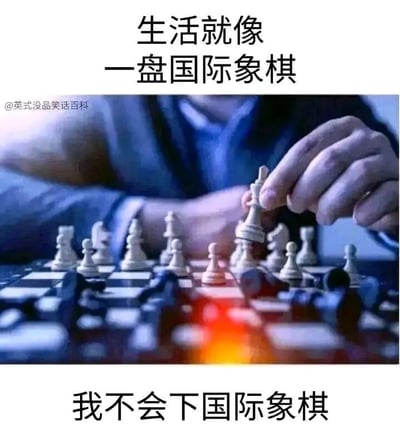 这是一张走冷幽默风格的梗图，整体采用顶配底文的图文混排形式。上方配文“生活就像一盘国际象棋”，引用了常见的将生活比作棋局、需要策略规划的励志比喻；中间的画面是一位人物正用手拿起一枚国际象棋的白王棋子，棋盘带有红蓝光效，营造出严肃、充满博弈感的氛围；下方配文“我不会下国际象棋”则直接反转，打破了前面的励志铺垫，用直白的吐槽表达出自己面对复杂生活时，像面对不懂的棋局一样手足无措、无从应对的状态，通过这种强烈的反差制造出搞笑的效果。