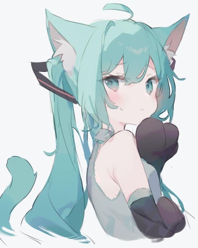 这是一幅同人创作的猫耳初音未来插画，角色保留了VOCALOID虚拟歌手初音未来标志性的薄荷绿长发，额外添加了毛茸茸的猫耳与尾巴，搭配猫爪样式的手套。角色脸颊泛红，眼神带着羞涩感，双手置于脸颊旁，侧头看向一侧，整体形象腼腆又可爱。图中没有双关、谐音梗或暗示内容。