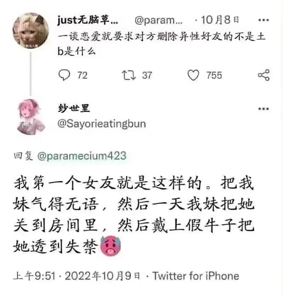 这是一张Twitter平台的评论截图，顶部用户发文吐槽恋爱中要求对象删除所有异性好友的行为是“土b”；下方用户@Sayorieatingbun（头像是《心跳文学部》的纱世里）回复分享自身经历：自己的第一个女友有控制欲，要求删除异性好友，惹恼了自己的妹妹，最终妹妹将女友关在房间里，使用假阳具对其实施性侵式报复。
注意：内容包含低俗、暴力且涉嫌违法的描述，属于不良言论。