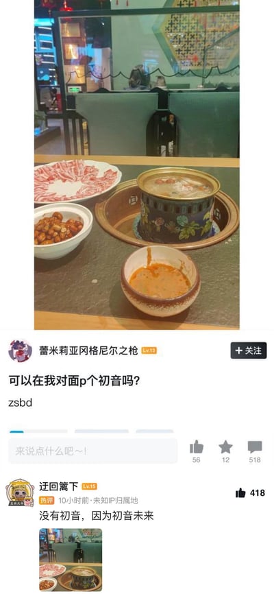 这是一张社交媒体平台的帖子截图，楼主发布了自己独自吃火锅的餐桌照片，配文请求网友在照片对面的空位P上虚拟歌手初音未来的形象，还附上了“zsbd（字数补丁）”的网络用语。热评用户用谐音梗回复“没有初音，因为初音未来”，将初音未来的名字拆解，把“未来”曲解为“还没有来”的意思，玩了一个巧妙的文字游戏，戳中笑点，在ACG爱好者圈子里显得十分有趣。
