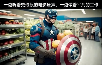图片中美国队长穿着标志性的蓝红制服，戴着头盔，左手持盾牌，右手拿着几个苹果和橙子，站在超市的蔬果区。背景中可以看到货架上的蔬菜和其他购物的顾客。图片上方配有文字：'一边听着史诗般的电影原声，一边做着平凡的工作'，通过超级英雄执行日常购物任务的反差场景，幽默地表现了普通人在做平凡工作时内心想象的戏剧性。