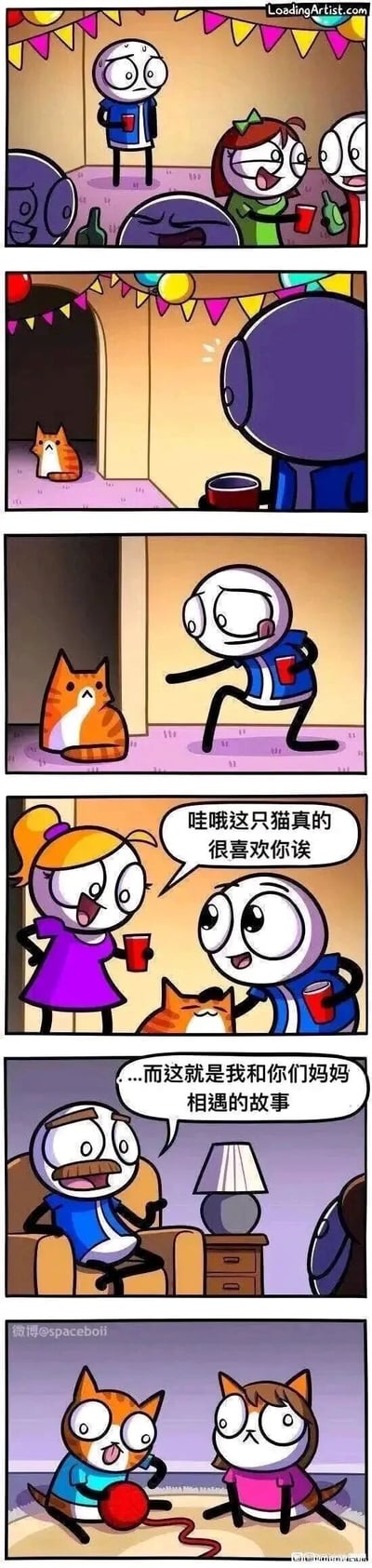 这是一组美式冷幽默连环漫画：第一格，热闹的派对上，蓝衣服男生独自站在角落，显得有些孤单；第二格，一只表情严肃的橘猫出现在派对门口；第三格，男生看到猫后立刻凑过去，开心地和猫互动；第四格，派对上的紫色衣服女生看到这一幕，惊讶地对男生说“哇哦这只猫真的很喜欢你诶”；第五格，多年后，男生变成了中年模样，坐在沙发上，对着面前的孩子讲述“....而这就是我和你们妈妈相遇的故事”；第六格，画面转到两只橘色小猫正在玩线球，揭晓反转——男生的妻子就是当年那只橘猫，他们的孩子也是猫，制造出跨物种相遇的荒诞笑点，用误会式的铺垫完成反转，带来冷幽默效果。