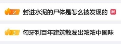 这是一张来自资讯类平台的推荐列表截图，展示了两条不同类型的资讯标题：第一条为编号2的「封进水泥的尸体是怎么被发现的」，右上角带有红色「新」标识，内容偏向刑侦猎奇类，容易勾起用户的好奇心；第二条为编号3的「匈牙利百年建筑散发出浓浓中国味」，内容涉及海外建筑与中国文化的关联，属于文化猎奇类资讯。整体为纯文字的资讯推荐样式，以编号区分内容，通过猎奇性的标题吸引用户点击查看详情。