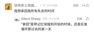 这是一张社交平台评论区的静态截图，展示了两位网友的互动：来自广东的用户“發明男士情趣...”发布了一条带有遗憾情绪的评论“我想拿回我所有失去的时间”，该评论获得了14个点赞，发布于23小时前；10小时后，来自河南的用户“Silent Sheep”针对这条评论展开脑洞，询问“‘拿回’是带记忆穿越到开始的时候，还是反复循环那过去的某一天”，将模糊的“挽回时间”的想法细化为两种具体的时间设定，引发对时间穿越类设定的想象。