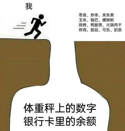 这是一张静态卡通梗图，采用“跨越鸿沟”的经典模板创作。画面上方左侧，标注着“我”的黑色卡通小人正朝着悬崖边缘奔跑，即将跃过悬崖；悬崖的另一侧罗列了一系列极具诱惑力的大众美食，涵盖了零食、炸串、关东煮、螺蛳粉等多种热门食物；而悬崖下方的空白区域则标注着“体重秤上的数字 银行卡里的余额”，用悬崖这一视觉化的“鸿沟”，生动地比喻了当代年轻人在面对美食诱惑时，被上涨的体重和拮据的存款所阻碍的两难处境，精准戳中了当下年轻人的生活痛点，引发情感共鸣。