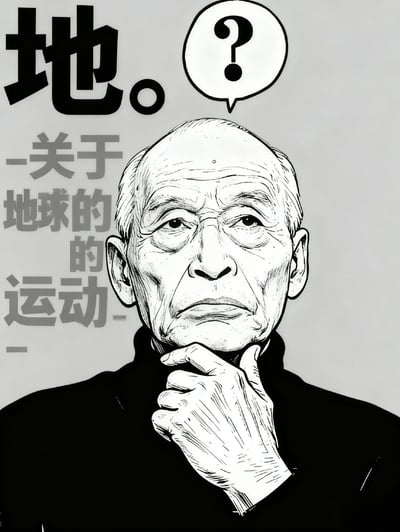 这是一张黑白风格化AI生成图，画面中一位面容布满皱纹的老人，手托下巴，面露思索疑惑的神情，头顶的对话气泡里是一个问号。画面左侧配有文字“地。-关于地球的运动-”，整体营造出对地球运动相关问题进行思考、存疑的氛围。