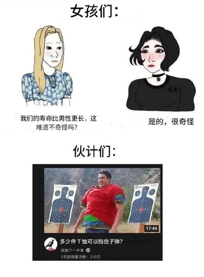 图片分为上下两部分，通过幽默对比展现不同性别关注话题的差异。上半部分标题为“女孩们：”，左侧是金发卡通女孩，穿着蓝白花纹上衣，右侧是黑发卡通女孩，穿着黑色上衣并戴着项链，两人对话内容为“我们的寿命比男性更长，这难道不奇怪吗？”“是的，很奇怪”。下半部分标题为“伙计们：”，是一张真人截图，画面中一名穿着多层叠穿红色T恤的男子站在两个射击靶之间，截图下方有文字“多少件T恤可以挡住子弹？我做了一件事”，并显示“2天前观看次数：210万”和时间戳“17:45”。