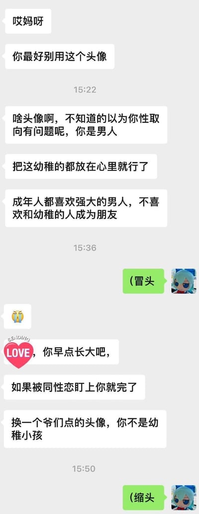 这是一段竖屏的私人聊天记录截图，白色对话框的吐槽方看到对方使用蓝发Q版二次元风格的男性头像后，不断输出带有刻板印象的观点：认为男性用这类头像会被误会性取向，指责头像幼稚，宣称成年人只喜欢和强大的人交友，甚至说出"被同性恋盯上就完了"这种充满偏见的言论；绿色对话框的被吐槽方仅用"(冒头)"和"(缩头)"回应，传递出不想反驳又无比无奈的情绪，对话暴露了吐槽方对性取向、审美、交友的固化且偏见的认知。