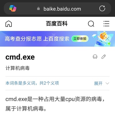 这是一张手机端百度百科的网页截图，页面展示的cmd.exe词条存在明显事实错误，将Windows系统自带的命令提示符程序cmd.exe错误归类为计算机病毒，称其是占用大量CPU资源的病毒。该内容属于UGC百科平台审核疏漏或者网友恶意篡改产生的错误内容，经常被作为计算机相关梗图传播，用来调侃计算机知识匮乏导致的内容错误，以及公众百科平台内容审核不严的问题。
