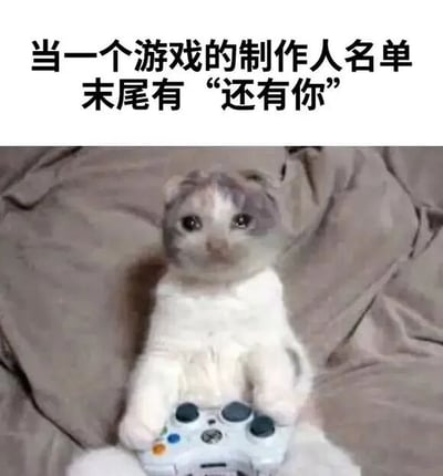 图片上方配有文字“当一个游戏的制作人名单末尾有‘还有你’”，下方是一只灰白色的猫坐在浅色沙发上，用两只前爪握着一个白色游戏手柄，眼睛直视前方，表情平静中带着一丝呆萌。该梗图通过猫咪手持手柄的可爱形象，幽默地表现了当玩家在游戏制作人员名单末尾看到“还有你”时，仿佛自己也参与了游戏制作的有趣心理，引发玩家共鸣。