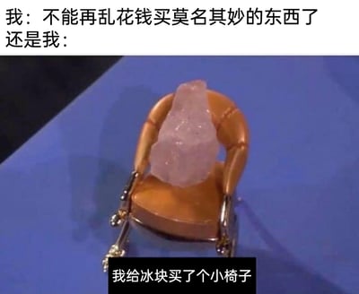 这是一张充满趣味的网络梗图，通过“立flag”与“打脸”的强烈反差制造笑点。图中上方文字先表明“我”下定决心不再乱买无意义的东西，紧接着下方的画面与配文则呈现出完全相反的行为：一块冰块被安置在一把带有金属装饰的精致迷你小椅子上，配文“我给冰块买了个小椅子”，生动地调侃了人们嘴上喊着要理性消费，实际却忍不住进行无意义消费的“真香”日常，画面与文字的结合让这种矛盾的消费心态显得格外滑稽。