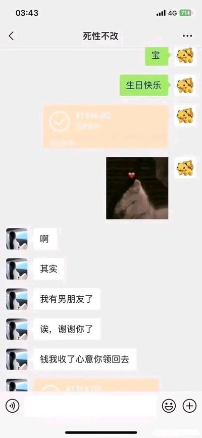 这是一张微信竖屏聊天记录截图，界面顶部显示对方备注为“死性不改”，当前时间为03:43。发送消息的一方连续发送了“宝”“生日快乐”的文字消息，搭配皮卡丘表情包后转账1314元，又发送了猫咪比心的表情包。随后接收消息的一方回复，先以“啊”“其实”铺垫，接着告知“我有男朋友了”，随后表示感谢并说“钱我收了心意你领回去”，同时发起转回1314元的操作。整个对话场景展现了发送方在付出心意和金钱后，突然得知对方已有男友的尴尬与失落，是典型的单恋付出后被拒绝的情感窘境。