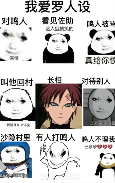这是一张结合《火影忍者》角色我爱罗原作截图与网络熊猫头表情包制作的九宫格梗图，生动调侃了我爱罗的“双标”人设：对鸣人展现出深情护短的态度，看到佐助觉得搞笑，鸣人被骂时立刻护着，让鸣人回村却装听不见；对待其他人则高冷已读不回，沙隐村的事不管不顾，但有人欺负鸣人就瞬间炸毛，鸣人不理自己还会委屈到用“已紫砂”（谐音“已自杀”）的梗表达情绪，图中还有“荔枝你让我怎么荔枝”（谐音“理智你让我怎么理智”）的谐音梗，整体玩梗贴合我爱罗在原作中对鸣人特殊的关注，充满趣味。