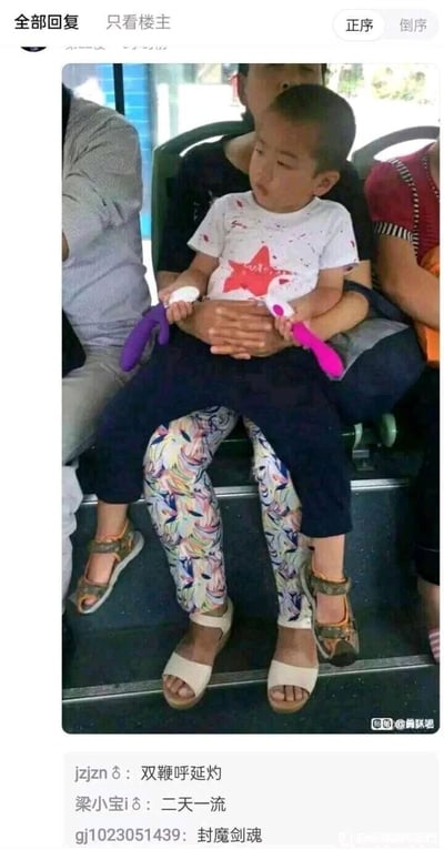 这是一张社交媒体平台的截图，主体是公交车上的实拍场景：一个小孩被大人抱在腿上，由于视觉错位，小孩的腿和大人的腿重叠在一起，看起来像是小孩拥有四条腿，制造出有趣的错觉。小孩穿着白色带红星图案的T恤、深色短裤和凉鞋，双手各持一个玩具；大人穿着花色长裤和凉鞋，坐在座位上抱着小孩。截图下方的评论区里，网友们用带有多武器或多肢体意象的角色玩梗，分别提到《水浒传》的双鞭呼延灼、剑道招式二天一流、游戏角色封魔剑魂，以此调侃这个视觉错觉带来的趣味效果。