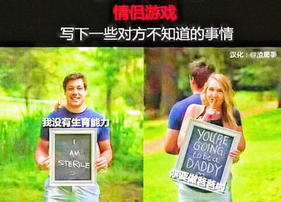 这是一个基于情侣游戏的搞笑梗图，游戏要求双方写下对方不知道的事情。<br>左边的男生面带笑容，举着写有“我没有生育能力（I AM STERILE）”的牌子；右边的女生对着男生的背影，比出嘘的手势，举着写有“你要做爸爸啦（YOU'RE GOING to be a DADDY）”的牌子，形成强烈的戏剧性反转，用荒诞的冲突制造搞笑效果。