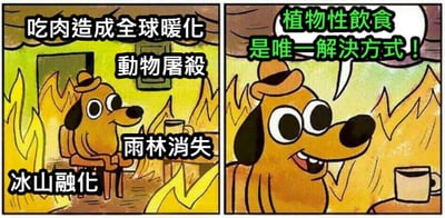 左侧画面中，一只戴着帽子的卡通狗身处火焰环绕的场景，周围配有文字“吃肉造成全球暖化 动物屠杀 雨林消失 冰山融化”，表情略显担忧；右侧画面中，同一只卡通狗手持杯子，面带微笑，上方文字为“植物性饮食是唯一解决方式！”，整体通过对比强调植物性饮食对环境问题的解决作用。