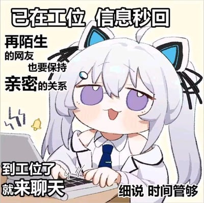 这是一张图文混排的静态表情素材图，画面主体是一位有着白色长发、蓝色猫耳的二次元女孩，她坐在工位前，双手放在键盘上，脸上露出兴奋雀跃的表情，旁边还有一个小铃铛的装饰图案。图中搭配了多段直白的文字：“已在工位 信息秒回”“再陌生的网友也要保持亲密的关系”“到工位了就来聊天”“细说 时间管够”，整体表达了自己在工位上无事可做，想要找网友聊天摸鱼的心情，用可爱的二次元形象搭配接地气的文字，精准贴合职场摸鱼时的状态，没有双关、谐音梗或暗示内容。