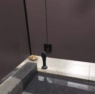 这张图片展示了一个卫生间隔间的角落，灰色的墙壁和白色的瓷砖地面形成简洁的背景。在隔间内侧的小平台上，赫然摆放着一个小型动物颅骨，看起来像是猫的头骨，旁边则是一个黑色的马桶搋子。这种日常卫生用品与动物骸骨的意外组合，在普通的公共卫生间环境中营造出一种诡异又荒诞的视觉效果，让人不禁好奇这个头骨为何会出现在这里。
