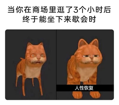 这是一张左右对比的静态梗图，上方配文“当你在商场里逛了3个小时后终于能坐下来歇会时”，左侧是一只身形消瘦、四肢纤细、眼神涣散、嘴巴微张的橘猫，神态呆滞疲惫，呈现出长时间逛街后极度劳累的状态；右侧是一只体态正常、眼神慵懒放松、神态平静的橘猫，下方配文“人性恢复”，生动形象地表现出长时间逛街后坐下休息，从疲惫不堪到慢慢恢复精力的过程，精准共情了大众逛街后的疲惫体验，充满日常调侃的趣味。