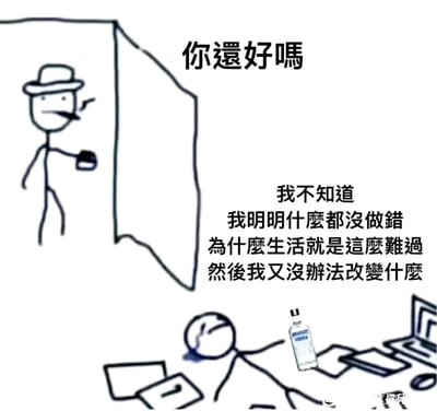 这是一张手绘风格的静态梗图，采用剧场式构图呈现场景。画面左上角，戴着帽子、叼着烟、手持杯子的火柴人站在门口，上方配文“你还好吗”；画面右下角，一个火柴人瘫在堆满文件和笔记本电脑的桌前，身旁放着一瓶伏特加，右侧配文是这个失意火柴人的内心倾诉：“我不知道 我明明什么都没做错 为什么生活就是这么难过 然后我又没办法改变什么”。整幅图用极简的手绘形象和直白的文字，精准刻画了当代人在生活或职场中，明明未犯错却陷入失意处境、无力改变现状的焦虑与沮丧，极易引发身处相似困境的人群的情绪共鸣。