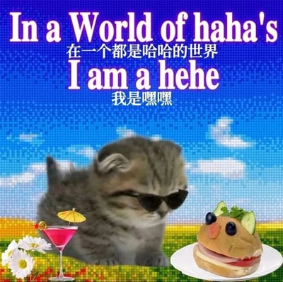 这是一张经过合成创作的静态趣味图，背景是像素风格的蓝天白云与黄绿草地。画面主体是一只戴着黑色墨镜的灰色小猫，神态拽酷慵懒，它的身旁摆放着一杯插有小遮阳伞的粉色鸡尾酒、几朵白色雏菊，还有一个被创意改造成小动物模样的汉堡——用蓝莓当眼睛、黄瓜片当耳朵，造型可爱。图的上方配有中英文对照文字：“In a World of haha's 在一个都是哈哈的世界 I am a hehe 我是嘿嘿”，整体氛围诙谐治愈，传递出在大众的热闹氛围里，坚持自己独特小趣味、特立独行又自在的情绪。