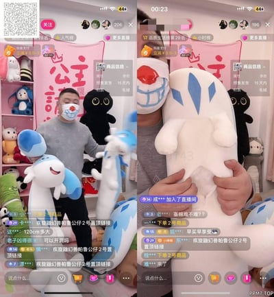 左右对比的抖音直播截图，左侧画面中主播手持两个蓝白配色的卡通毛绒玩具（造型为微笑表情，蓝白相间），背景有粉色“公主”字样横幅及货架上的各类玩偶；右侧画面主播正展示一个更大尺寸的同款毛绒玩具，着重展示其材质细节。两图均显示直播常见UI元素：顶部关注按钮、人气榜排名、抖音支付优惠信息（立减¥0.5-3）、商品信息浮窗（预售15天内发货，材质毛绒），底部滚动着观众评论如“疾旋鼬幻兽帕鲁公仔2号置顶链接”“塞棉难不难？”等互动内容。