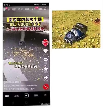 这是一张由两部分拼接而成的趣味梗图：左侧是抖音平台的新闻视频截图，内容为山东临沂临沭县公安局通报的一起盗窃案——两人在面包车内安装吸尘器，偷走了6000斤玉米，目前已被采取刑事强制措施，截图中还展示了吸尘器吸取玉米的画面；右侧是一张视觉错位实拍图，一辆小型车辆行驶在玉米堆中，从上方视角看酷似吸尘器在吸取玉米，两者结合形成了搞笑的关联效果，让严肃的盗窃新闻变得充满趣味性。