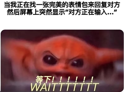 图片上方文字描述了聊天中的常见场景：用户正努力寻找完美表情包准备回复时，屏幕突然显示“对方正在输入...”。下方是一个橙色角色特写，其双眼圆睁、表情惊恐，下方配有“等下!!!!!! WAITTTTTTTT”的文字，夸张展现了用户因对方即将先发消息而产生的慌张与急切，生动还原了社交互动中的幽默瞬间。