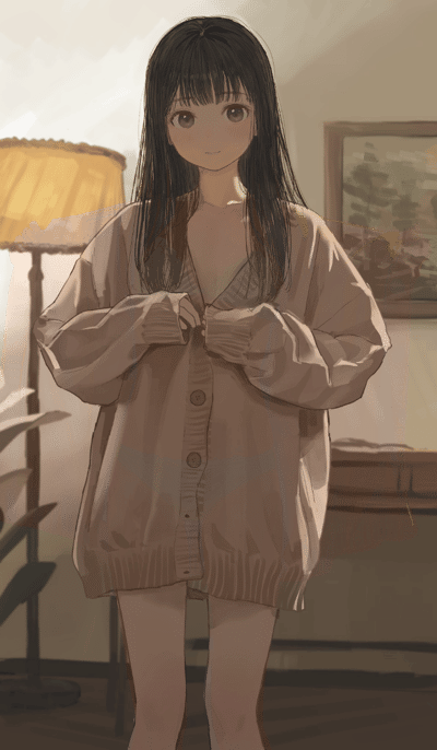这是一幅暖色调的AI生成日系插画，画面主体是一位留着齐刘海的黑发少女，她身处布置温馨的居家房间中，身着一件长度过臀的浅棕色宽松针织开衫，双手正轻轻扣着开衫的扣子，下装未在画面中呈现，露出纤细的腿部。背景里可见散发暖黄灯光的落地灯、一旁的绿植，还有挂在墙上的风景装饰画，整体氛围慵懒柔和，给人一种舒适放松的感觉。
图中不存在双关、谐音梗或暗示类内容。