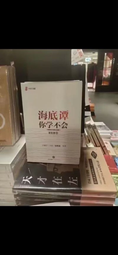 书店货架上堆叠着多本书籍，最上方显眼处放置着一本名为《海底谭 你学不会》的书，作者为黄记煌。书籍封面为白色底，红色和黑色文字，下方有波浪纹理设计。周围还能看到其他不同颜色和类型的书籍，背景隐约可见书店内部环境。