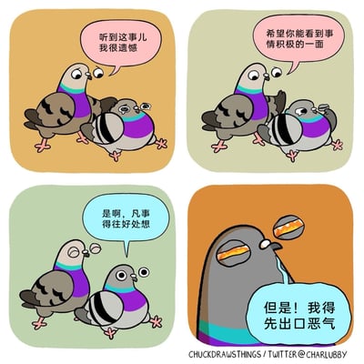 这是一幅四格拟人卡通漫画，主角是两只鸽子：第一格中，一只神态低落、眼角挂泪的鸽子被另一只鸽子安慰，安慰的鸽子说“听到这事儿我很遗憾”；第二格中，安慰的鸽子继续开导，摆出鼓励的姿态说“希望你能看到事情积极的一面”；第三格中，被安慰的鸽子恢复平静，回应“是啊，凡事得往好处想”；第四格中，这只被安慰的鸽子突然情绪爆发，眼睛弹出且冒火，眼角还挂着泪，喊出“但是！我得先出口恶气”，生动还原了人们在遭遇糟心事时，理智上知道要乐观，但情绪上需要先宣泄的真实心理状态，用幽默的卡通形式引发共鸣。