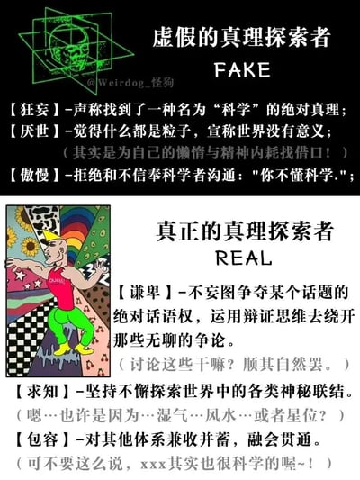 这是一张上下分栏的静态对比漫画，采用图文混排的形式，通过两种截然不同的形象和特质，对比了“虚假的真理探索者”与“真正的真理探索者”的认知差异。上半部分以绿色线框包裹的赛博风格骷髅头为配图，定义了虚假的真理探索者的三个特质：狂妄地将“科学”奉为绝对真理，厌世地宣称世界由粒子构成毫无意义实则为自身懒惰和精神内耗找借口，傲慢地拒绝与不同认知者沟通；下半部分以色彩鲜艳、风格活泼的波普风肌肉男为配图，阐述了真正的真理探索者的三个特质：谦卑地不争夺绝对话语权，用辩证思维避开无意义争论，坚持不懈探索世界的各类神秘联结，包容地兼收并蓄不同认知体系。整幅图通过讽刺伪科学崇拜者的教条与傲慢，倡导谦卑、包容、辩证的求知态度，引发人们对真理探索方式的思考。