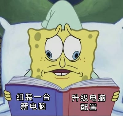 这是一张由《海绵宝宝》动画截图改编的表情包，画面中海绵宝宝戴着睡帽靠在床头枕头上，面露为难纠结的神情，双手捧着一本左右封面分别为蓝色和红色的摊开的书籍，蓝色封面上标注文字“组装一台新电脑”，红色封面上标注文字“升级电脑配置”，形象地表现出想要提升电脑性能的用户在选择直接组装新电脑还是给现有电脑升级配置时的两难纠结心态。