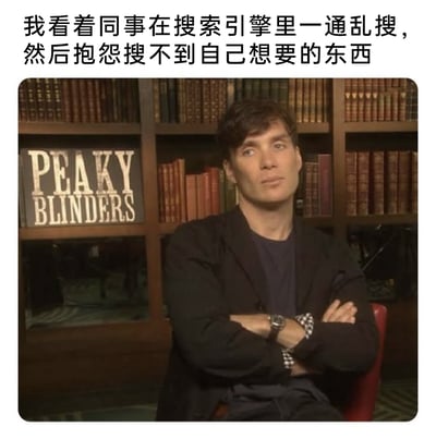 这是一张职场主题的吐槽梗图，上方配文描述了职场中常见的场景：同事毫无技巧地在搜索引擎中乱搜，最后还抱怨找不到自己想要的内容。图中使用了英剧《浴血黑帮》主演基里安·墨菲的采访截图，他双臂交叉抱胸，眼神看向一侧，脸上带着无奈又嫌弃的神情，精准地表现出看到同事这种无效操作时的无语、无奈的心情，用知名演员的标志性神态放大了职场里的小情绪，很容易引发职场人的共鸣。