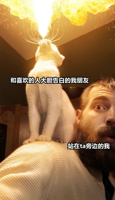 图片中一只白猫站在男性肩膀上，仰头向上喷出明亮的黄色火焰，火焰在空中形成炸开的效果。下方男性露出震惊的表情，眼睛瞪大、嘴巴微张。图片通过两行文字形成幽默对比：上方文字“和喜欢的人大胆告白的我朋友”对应勇敢喷火的白猫，下方文字“站在ta旁边的我”对应表情震惊的男性，生动展现了朋友大胆告白时自己的惊讶反应。