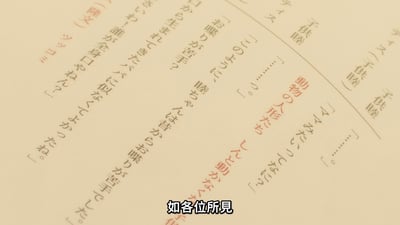 图片展示了一张米黄色纸张上的手写日文文字内容，文字为多行手写体，排布较为密集。图片底部中央位置有一行黑色中文文字“如各位所见”，疑似用于对图片内容进行说明或引出相关话题。整体画面简洁，主要聚焦于手写文字内容。