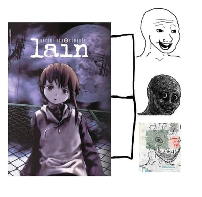 这是一张多图拼接的梗图，左侧是1998年实验性动画《Serial Experiments Lain》（《玲音》）的官方海报，海报中的主角岩仓玲音带着茫然的神情站在铁丝网平台上，背景是阴沉的夜空。右侧通过线条连接了三个不同的Wojak衍生表情包，依次表现观众观看这部晦涩动画的心态变化：<br>1. 顶部的快乐Wojak：代表观看前的兴奋期待；<br>2. 中间的扭曲Wojak：代表观看过程中逐渐陷入困惑、精神恍惚的状态；<br>3. 底部的抽象扭曲形象：代表看完动画后，被作品中网络、意识、存在主义的晦涩主题彻底冲击，陷入迷茫、精神解构的状态。<br>图中没有双关或谐音梗，通过递进的表情包形象直观展现观看晦涩动画的心态转变。