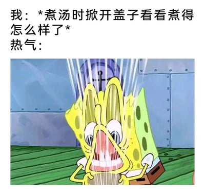这是一张结合文字与动画截图的搞笑表情包，上方文字描述了“自己煮汤时掀开盖子查看状态”的日常行为，并用“热气：”引出下方的动画画面。画面截取自动画《海绵宝宝》，其中海绵宝宝面部扭曲泛红、双眼瞪大、嘴巴大张，脸部周围还有模拟蒸汽的线条，生动夸张地还原了人们掀开煮食的锅盖时，被扑面而来的热气熏到脸部的狼狈又真实的体验，用卡通形象的夸张表现力放大了这个生活里的小尴尬，让人感同身受又觉得搞笑。