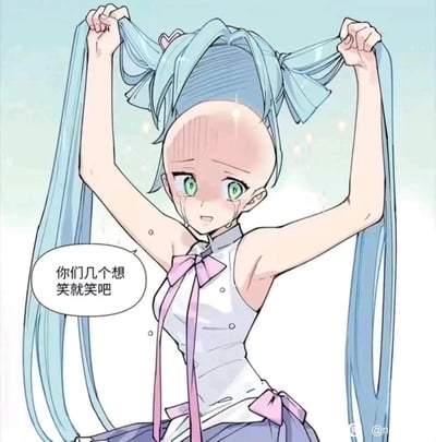 这是一张恶搞虚拟歌手初音未来的P图，图中的初音未来将标志性的双马尾假发掀开，露出光头，脸上挂着眼泪，神情委屈又无奈，配文“你们几个想笑就笑吧”，通过官方形象和秃头的强烈反差制造出社死又搞笑的效果，戳中观众的笑点。