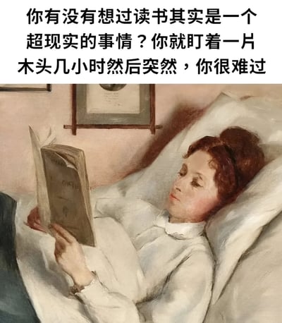 图片上半部分为黑色文字：“你有没有想过读书其实是一个超现实的事情？你就盯着一片木头几小时然后突然，你很难过”。下半部分是一幅古典油画风格的图像，画中一位红发女性身着白色衣物，斜躺在铺有白色织物的沙发上，右手持一本翻开的书正在阅读，背景墙上挂有带框的画作，整体色调柔和，营造出安静的阅读氛围。文字以幽默视角调侃阅读行为，将书本比喻为“木头”，反差出阅读时因内容产生情绪波动的超现实感。