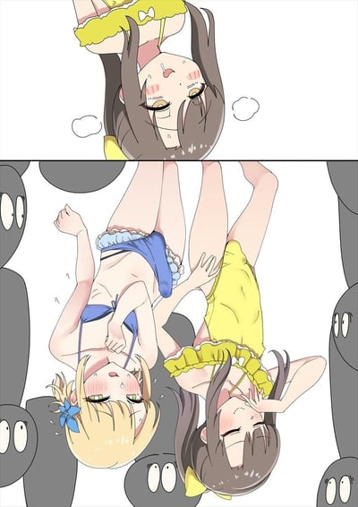 这是一幅上下分栏的原创二次元连环漫画：上栏展示了一位身着黄色泳装的倒立少女，她表情虚弱，脸上挂着汗珠，旁边有代表疲惫的气泡；下栏则是三位倒立的泳装少女，其中金发蓝泳装的少女面露惊慌，身体紧绷并流汗，另一位黄色泳装少女则闭眼呈放松昏睡状态，她们的周围环绕着多个带有眼睛的灰色黑影角色，似乎在围观这些倒立的少女。整幅图没有双关、谐音梗或暗示内容。