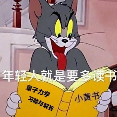 经典动画《猫和老鼠》中的汤姆猫咧嘴大笑，双眼圆睁，露出兴奋表情，双手捧着一本黄色封面的书。书的左侧印有正经标题“量子力学习题与解答”，右侧却标注着俚语“小黄书”，形成强烈内容反差。上方叠加文字“年轻人就是要多读书”，以正经口号搭配低俗暗示的书名，制造出幽默讽刺效果，调侃表面正经实则低俗的现象。