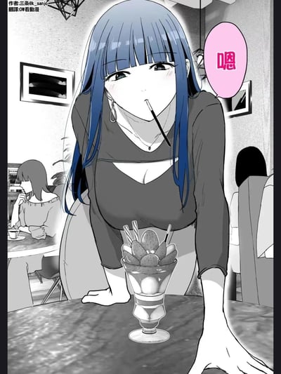 这是一幅趣味原创漫画，场景设定在安静的咖啡馆中：一位留着蓝长发、身着深V上衣的女生双手撑在餐桌边缘，身体前倾，嘴部贴近一根黑色吸管，脸上带着淡淡的红晕，旁边的粉色气泡框里标注着“嗯”。但实际上这根吸管是桌上草莓圣代杯里的吸管，画面利用透视关系制造出女生叼着吸管的视觉错觉，形成了巧妙的笑点。背景里还有其他顾客在安静用餐，整体氛围轻松日常。