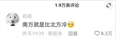 这是一张社交媒体评论区的截图，顶部显示该内容总共有1.9万条评论。截图中的评论由昵称为“疏疏”的用户发布，其头像是灰白风格的仓鼠表情包，评论正文为“南方就是比北方冷”并搭配一个微笑小黄脸emoji；评论发布时间为昨天19:39，定位标注为南极洲，该条评论获得了8.3万点赞，下方附带回复按钮。这条评论的笑点在于玩了语义和定位的反差梗：日常网友常讨论中国南方冬季湿冷比北方更冷的话题，而发布者将定位设在属于地球最南端的南极洲，逻辑上南极洲这个“南方”确实比绝大多数北方区域都要寒冷，用这种夸张的方式呼应了南北方谁更冷的争议，幽默感十足。