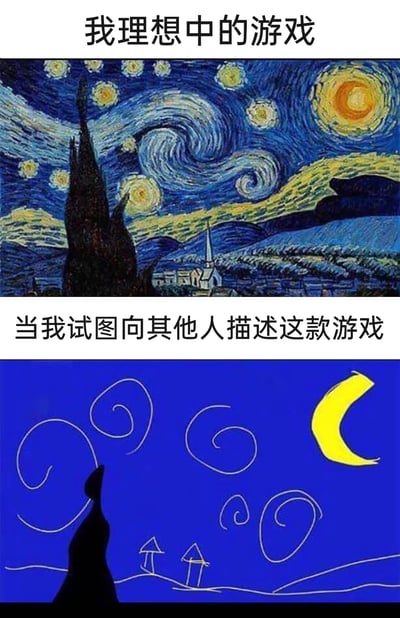 这是一张上下结构的对比梗图，上方展示荷兰画家梵高的经典代表作《星月夜》，配文“我理想中的游戏”，用来象征自己心中构想的游戏拥有着极具艺术感、画面细腻且充满沉浸感的极致体验；下方则是用简单线条勾勒出的简化版《星月夜》，配文“当我试图向其他人描述这款游戏”，生动地表现出当自己想要向他人传递脑海中精妙的游戏构想时，却因为语言表达能力的局限，完全无法传达出原本的精髓，最终让对方接收到的信息变得简陋、粗糙，精准地戳中了很多人在分享自身美好构想时，面临的“想法丰满，表达骨感”的无奈处境。