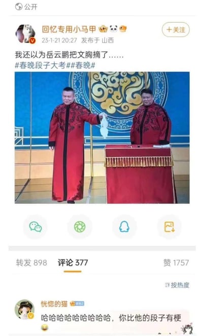 这是2023年春晚期间，微博博主@回忆专用小马甲发布的搞笑内容，配图是央视春晚舞台上岳云鹏与孙越表演相声的画面，岳云鹏手中的白色道具因形状类似文胸，被博主配文调侃“我还以为岳云鹏把文胸摘了……”，引发网友互动，热评网友评论“你比他的段子有梗”，形成了比相声本身更有梗的搞笑效果。
视觉错位梗：岳云鹏手中的白色道具外形与文胸相似，造成了滑稽的视觉错觉。