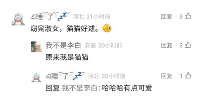这是一张社交媒体评论区的静态截图，展示了三位用户的趣味互动：来自河北的用户“এ睡໑了໑💤zZ໑”首先发布评论“窈窕淑女，猫猫好迷。”并搭配捂眼表情，获得9个赞；随后来自安徽的用户“我不是李白”回复“原来我是猫猫”，玩了评论的梗，获得3个赞；最后“এ睡໑了໑💤zZ໑”回复该用户“哈哈哈有点可爱”，获得1个赞。整体氛围轻松可爱，是用户围绕“猫猫”进行的趣味玩梗互动。