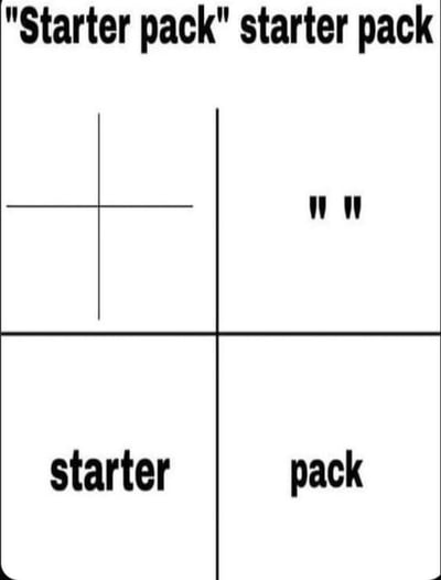 一张标题为"Starter pack" starter pack的元梗图，采用2x2网格布局。四个象限分别包含"starter pack"类梗图的典型元素：左上角是十字符号(+)，右上角是两组双引号(" ")，左下角是单词"starter"，右下角是单词"pack"。该图通过拆解"starter pack"梗图的核心构成要素，幽默地戏仿了这类梗图的公式化结构，具有强烈的自嘲和讽刺意味。