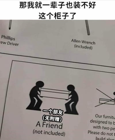 这是一张网络玩梗图，主体是家具组装说明书的部分截图，说明书标注组装需要的工具时，将一起搬运家具的「朋友」也作为需要的资源标注为「A Friend (not included）」，创作者添加了中文注释「一个朋友（无附赠）」，图顶部配文「那我就一辈子也装不好这个柜子了」，调侃自己没有能帮忙组装家具的朋友，暗戳吐槽自己没有朋友的状态，内容扎心又好笑。